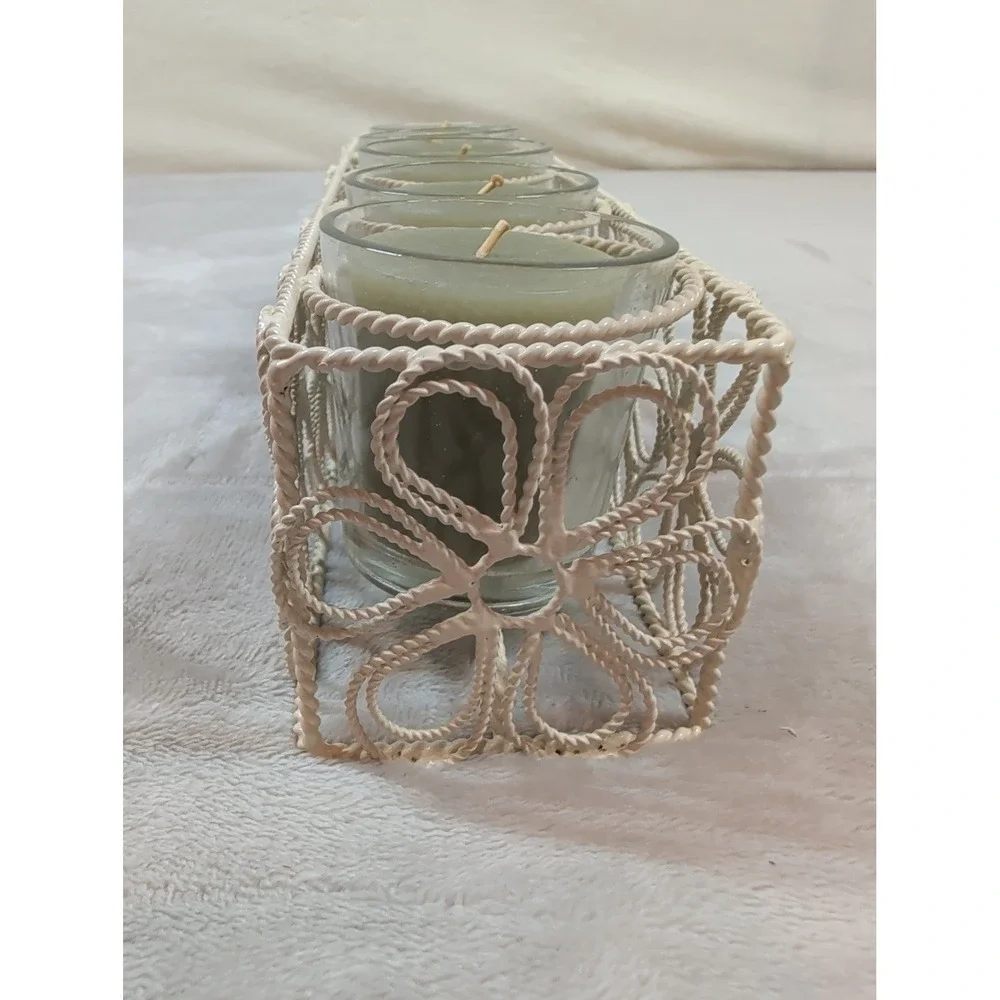 Pier 1 Imports 5 Votive Candle Set Floral Metal Holder Cream Green‎ Boho Decor